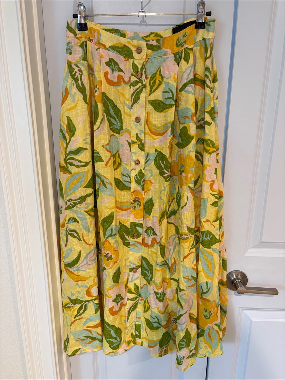 Floral Zara Button-Front LinenYellow Midi Skirt